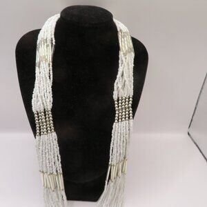 Bohemian Style Multi Strand White and Silver Glass Seed Bead Necklace